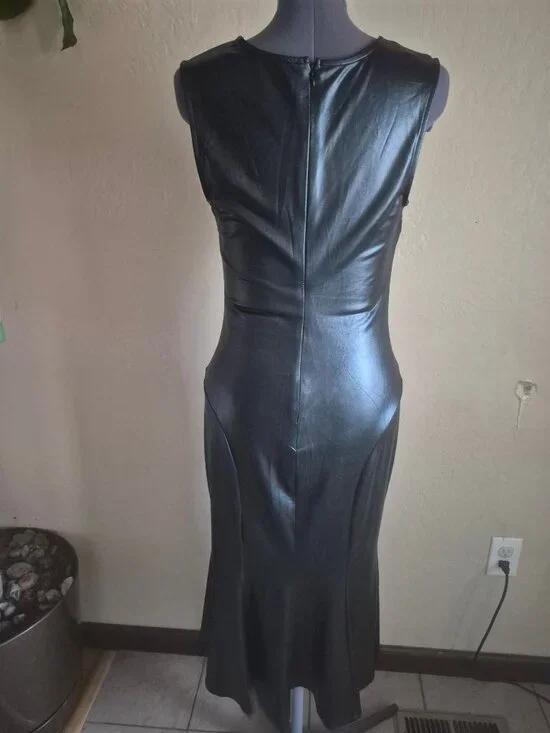 Venus Black Sleeveless Faux Leather Midi Dress Size M - Picture 3 of 6